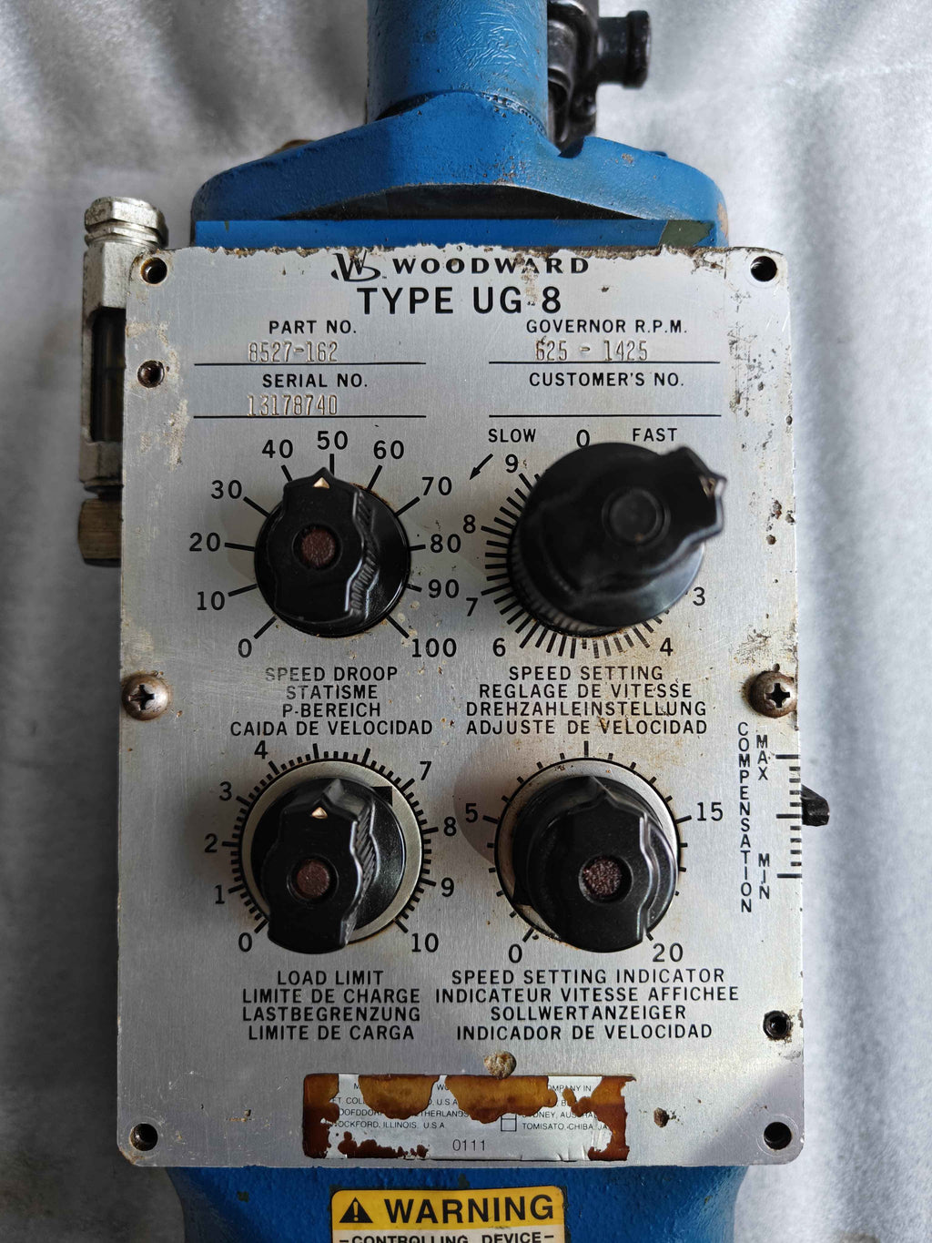 Woodward UG-8 Governor Part no: 8527-162 Governor speed: 625-1425 rpm 2