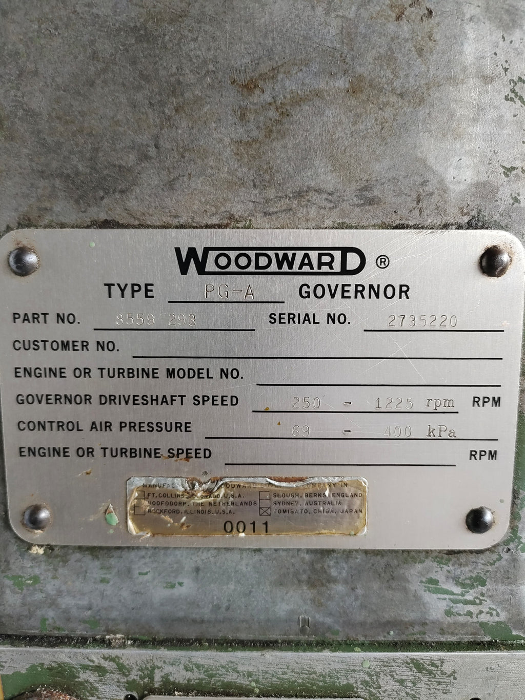 Woodward governor Type: PG-A Part no 8559 293 serial no 2735220