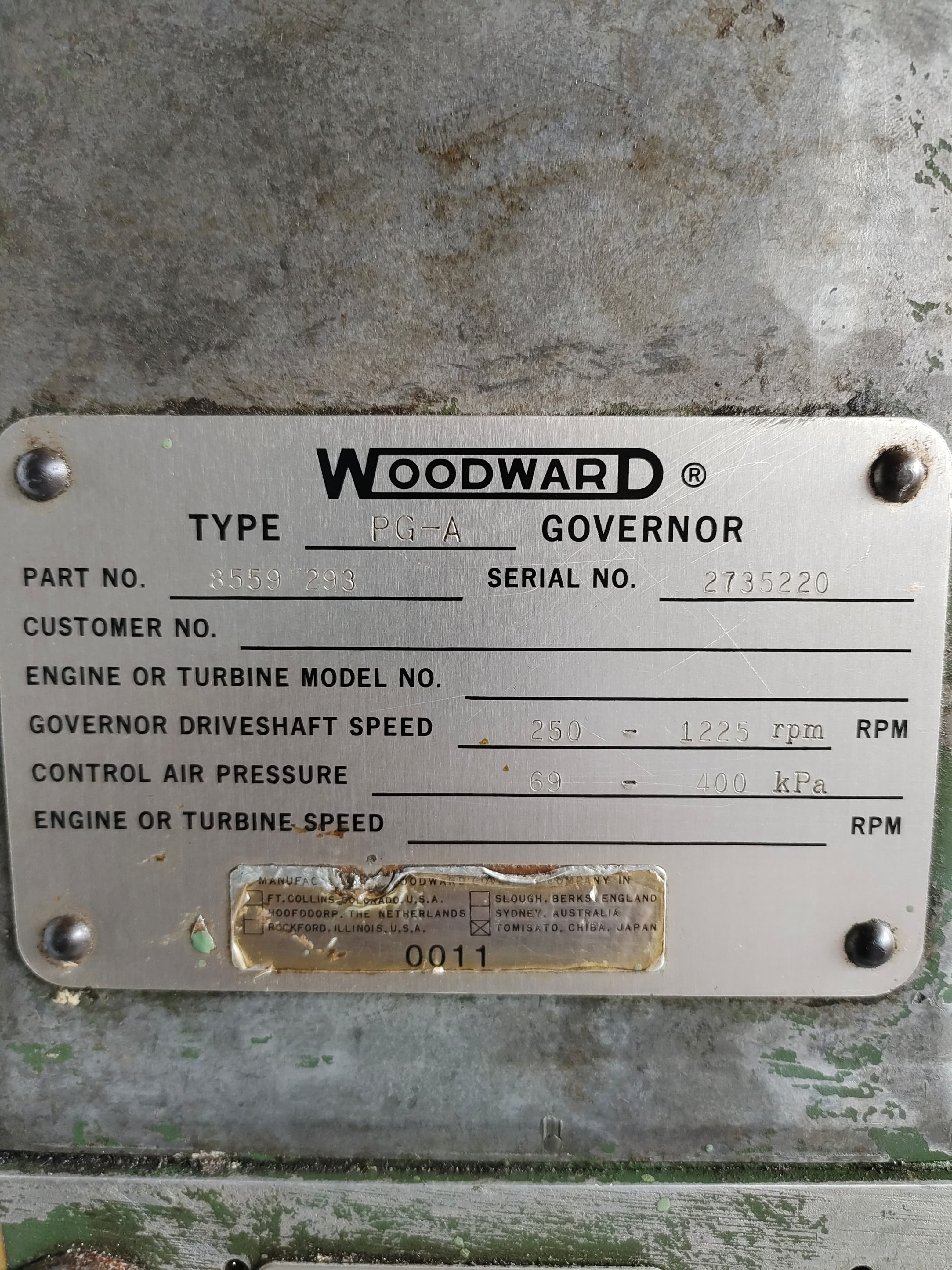 Woodward governor Type: PG-A Part no 8559 293 serial no 2735220