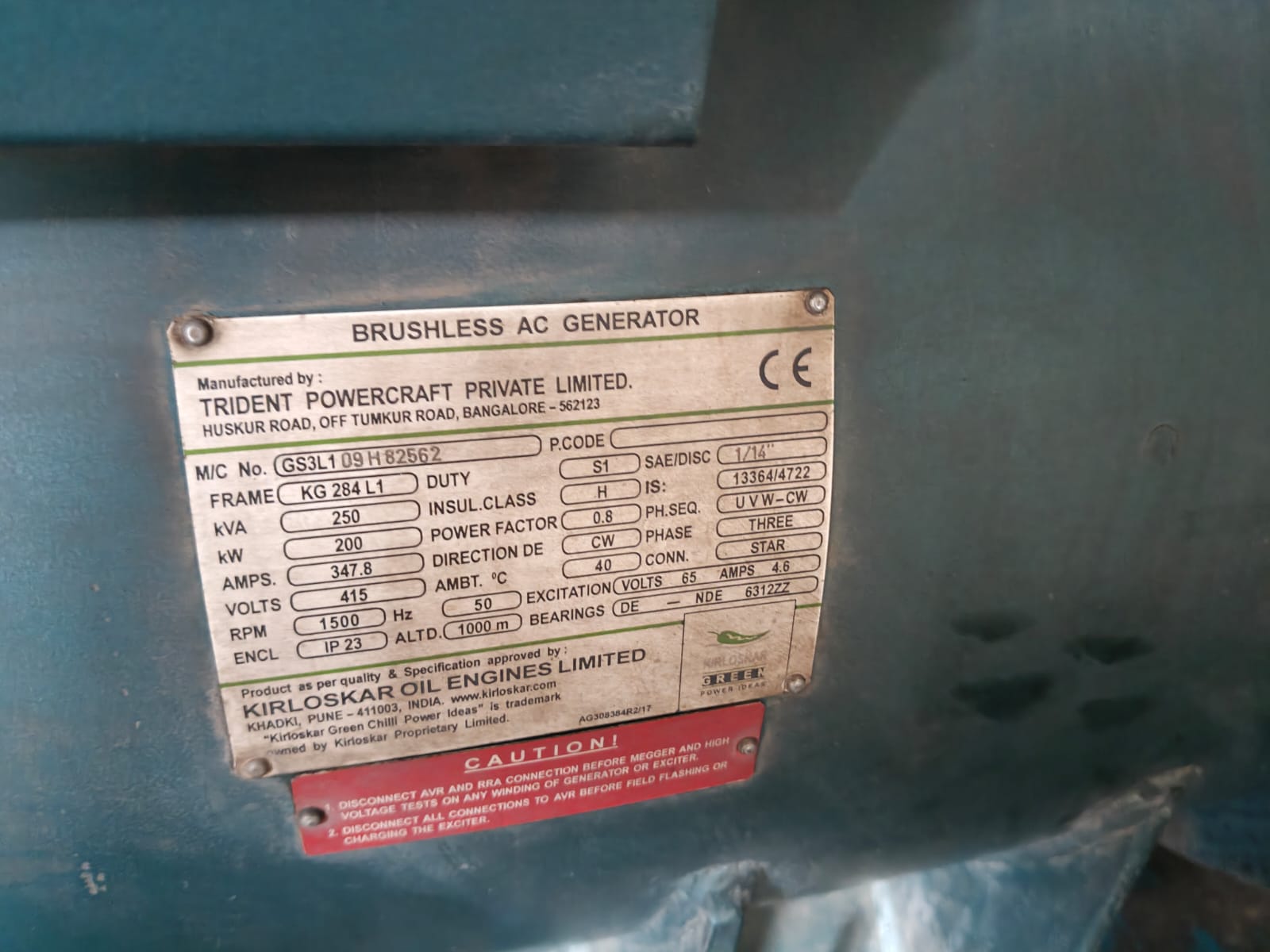 6SL8800TA Generator | 250 kVA Brushless AC Generator 1500 RPM 50Hz